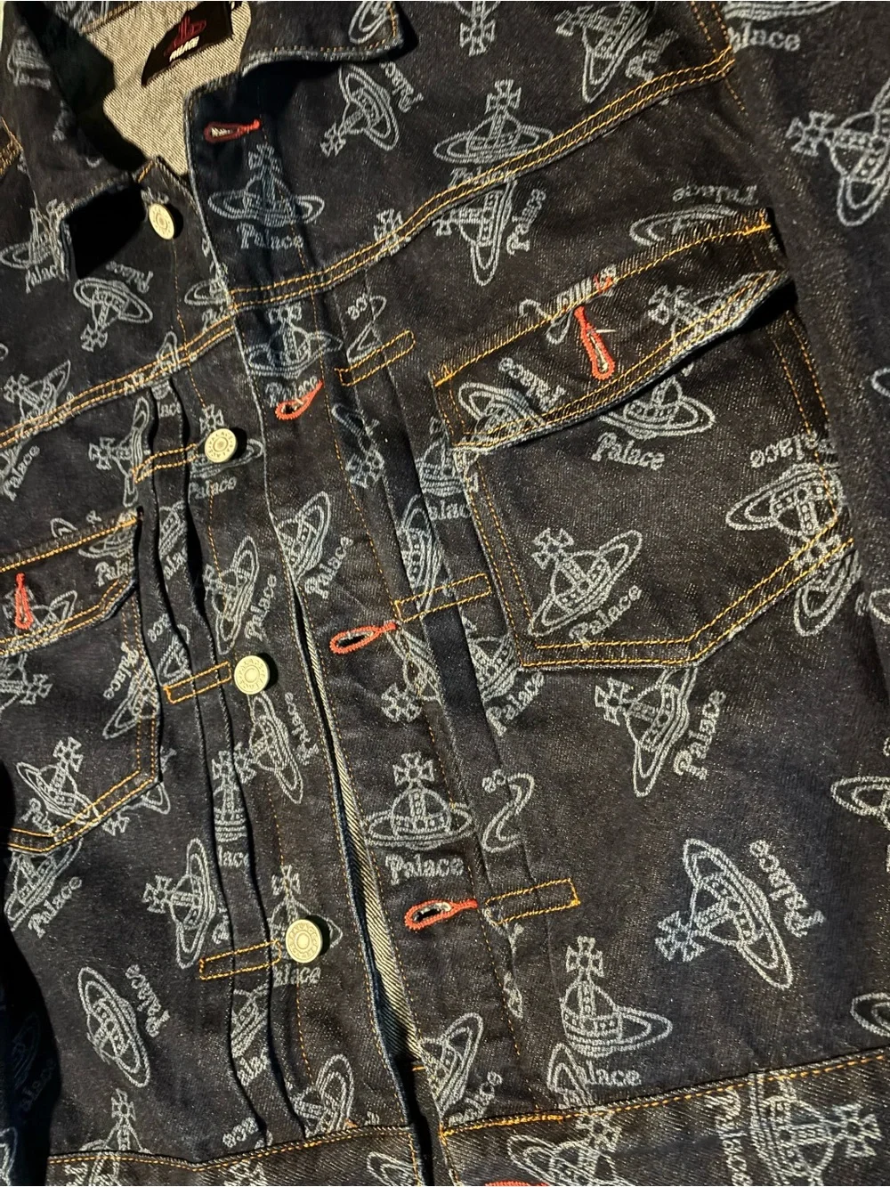 Vivienne Westwood PALACE Navy Black Logo Print Denim Button Up Trucker Jacket